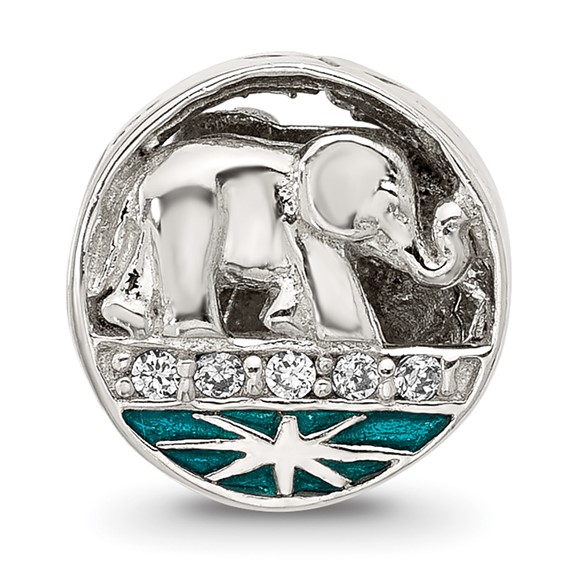 Sterling Silver Polished CZ Blue Enamel Elephant With Stars Bead