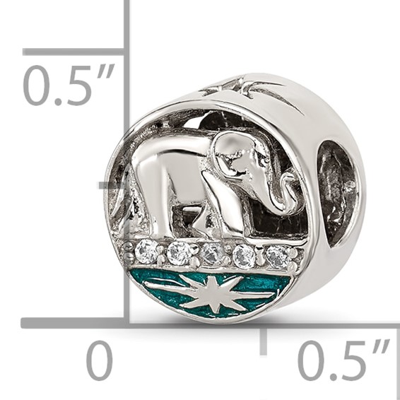 Sterling Silver Polished CZ Blue Enamel Elephant With Stars Bead