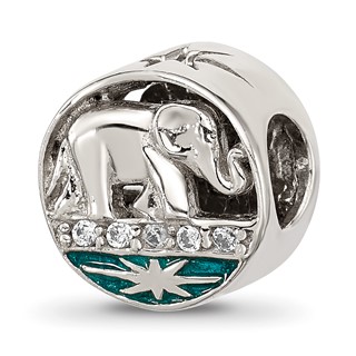 Sterling Silver Polished CZ Blue Enamel Elephant With Stars Bead