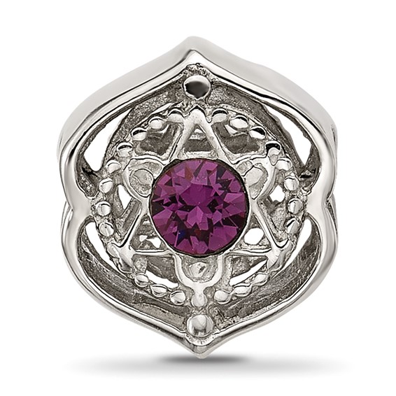 Sterling Silver Brushed And Polished Purple Crystal Bead