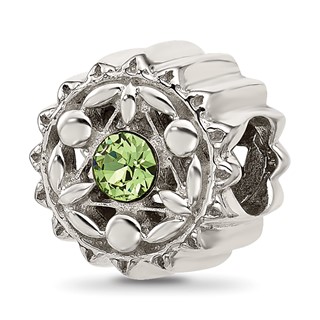 Sterling Silver Brushed And Polished Green Crystal Bead