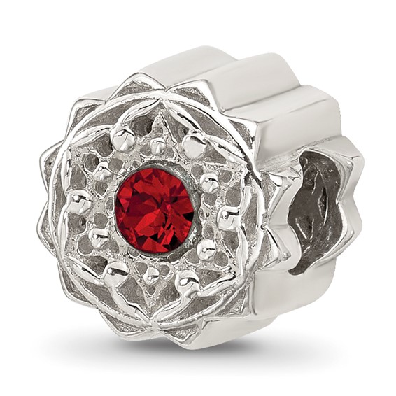 Sterling Silver Brushed And Polished Red Crystal Bead