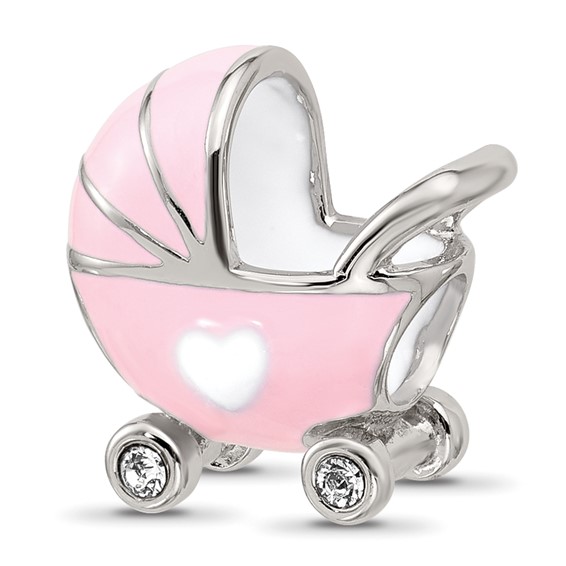 Sterling Silver Reflections Enamel Baby Carriage with Crystal Bead