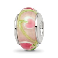 Sterling Silver Reflections Pink Green Hand-blown Glass Bead view 1