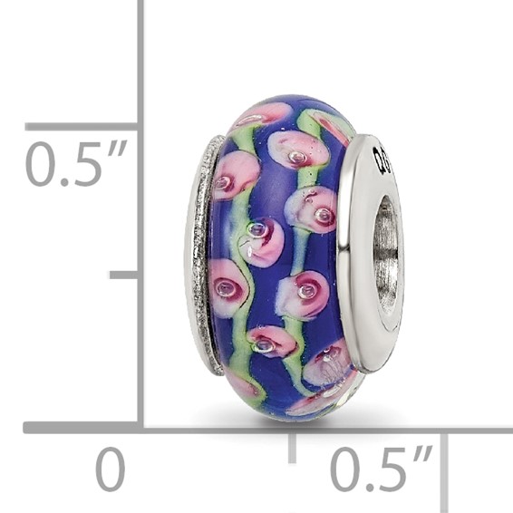 Sterling Silver Reflections Blue Floral Hand-blown Glass Bead