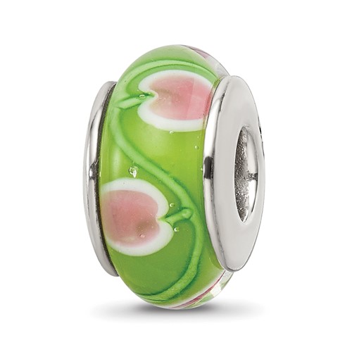 Sterling Silver Reflections Green Pink Hand-blown Glass Bead