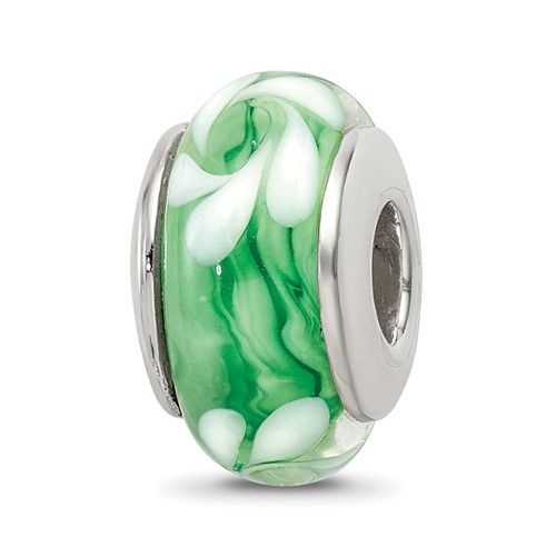 Sterling Silver Reflections Green White Hand-blown Glass Bead