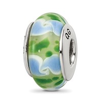 Sterling Silver Reflections Green Blue Hand-blown Glass Bead view 1