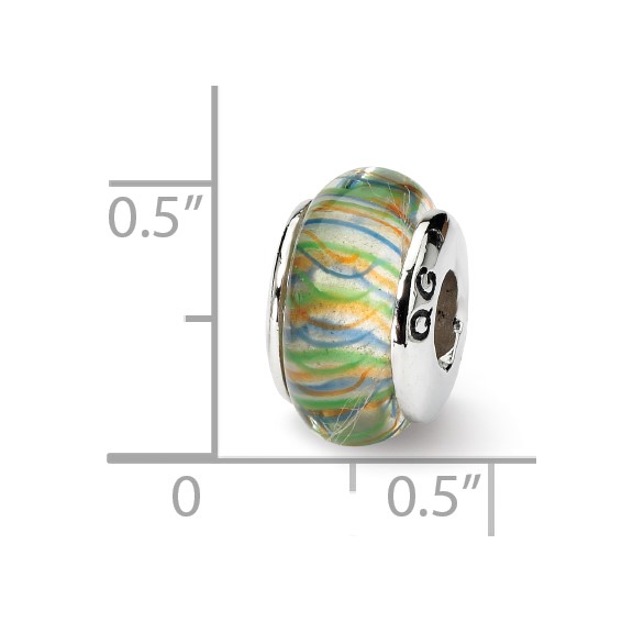 Sterling Silver Reflections Green Pastel Striped Hand-blown Glass Bead