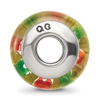 Sterling Silver Reflections Green Orange Hand-blown Glass Bead view 2