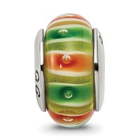 Sterling Silver Reflections Green Orange Hand-blown Glass Bead view 3