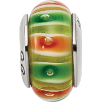 Sterling Silver Reflections Green Orange Hand-blown Glass Bead view 4