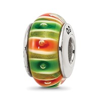 Sterling Silver Reflections Green Orange Hand-blown Glass Bead view 1