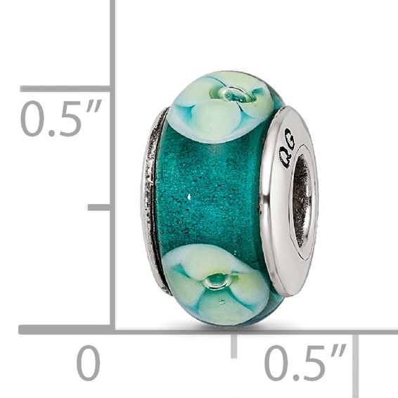 Sterling Silver Reflections Blueish Green Floral Hand-blown Glass Bead