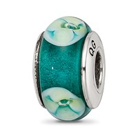 Sterling Silver Reflections Blueish Green Floral Hand-blown Glass Bead view 1