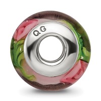 Kids Collection Sterling Silver Hand-blown Pink with Flower Pattern Glass Reflections Bead view 2