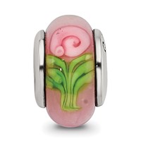 Kids Collection Sterling Silver Hand-blown Pink with Flower Pattern Glass Reflections Bead view 3