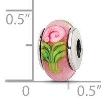 Kids Collection Sterling Silver Hand-blown Pink with Flower Pattern Glass Reflections Bead view 4
