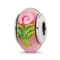 Kids Collection Sterling Silver Hand-blown Pink with Flower Pattern Glass Reflections Bead view 1