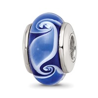 Kids Collection Sterling Silver Hand-blown Blue Glass Wave Pattern Reflections Bead view 1