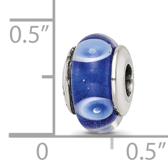 Kids Collection Sterling Silver Hand-blown Blue with White Dots Pattern Glass Reflections Bead