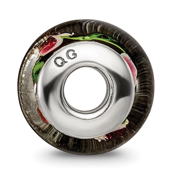 Kids Collection Sterling Silver Hand-blown Black with Floral Pattern Glass Reflections Bead