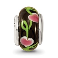 Kids Collection Sterling Silver Hand-blown Black with Floral Pattern Glass Reflections Bead view 3