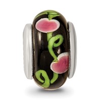Kids Collection Sterling Silver Hand-blown Black with Floral Pattern Glass Reflections Bead view 5