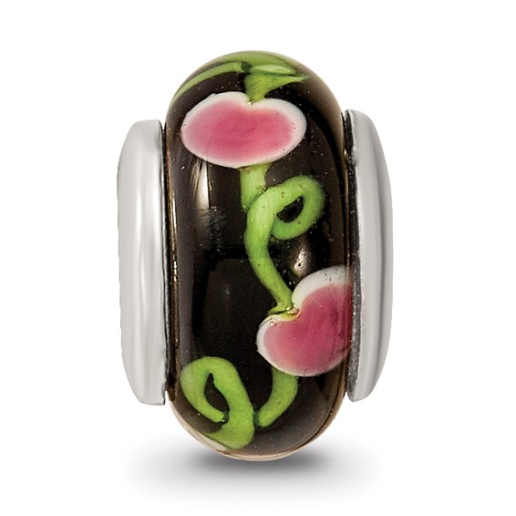 Kids Collection Sterling Silver Hand-blown Black with Floral Pattern Glass Reflections Bead