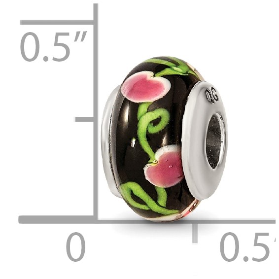 Kids Collection Sterling Silver Hand-blown Black with Floral Pattern Glass Reflections Bead