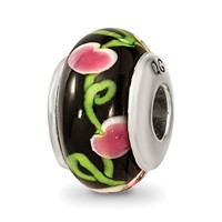 Kids Collection Sterling Silver Hand-blown Black with Floral Pattern Glass Reflections Bead view 1