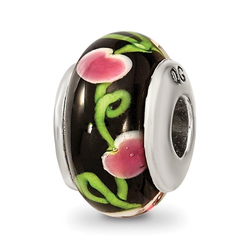 Kids Collection Sterling Silver Hand-blown Black with Floral Pattern Glass Reflections Bead
