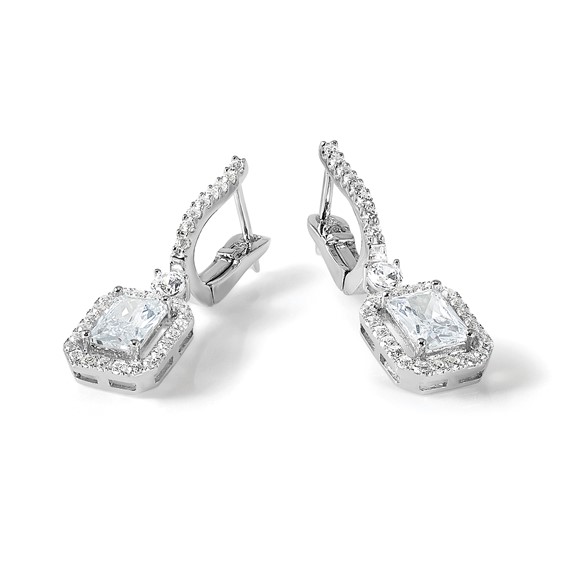 Sterling Shimmer Sterling Silver Rhodium-plated CZ 64 Stone Hinged Post Dangle Hoop Earrings