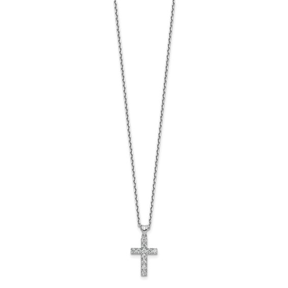 Sterling Shimmer Sterling Silver Rhodium-plated 2mm CZ 11 Stone Cross 16 inch with 2 inch Extension Necklace
