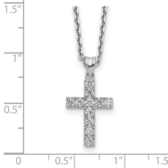 Sterling Shimmer Sterling Silver Rhodium-plated 2mm CZ 11 Stone Cross 16 inch with 2 inch Extension Necklace
