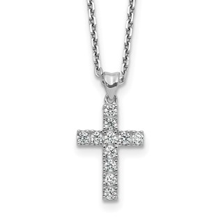 Sterling Shimmer Sterling Silver Rhodium-plated 2mm CZ 11 Stone Cross 16 inch with 2 inch Extension Necklace