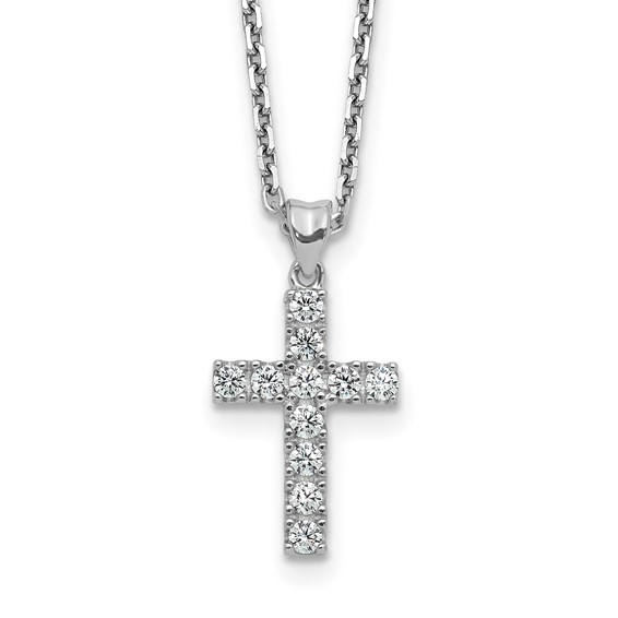 Sterling Shimmer Sterling Silver Rhodium-plated 2mm CZ 11 Stone Cross 16 inch with 2 inch Extension Necklace
