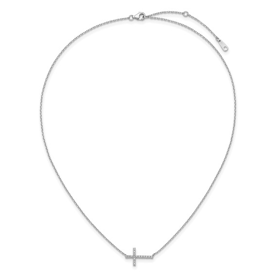 Sterling Shimmer Sterling Silver Rhodium-plated 1.3mm CZ 17 Stone Sideway Cross 16 inch with 2 inch Extension Necklace