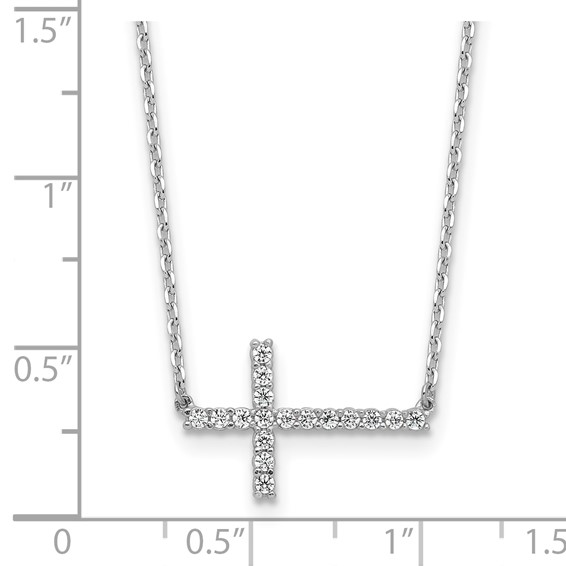 Sterling Shimmer Sterling Silver Rhodium-plated 1.3mm CZ 17 Stone Sideway Cross 16 inch with 2 inch Extension Necklace