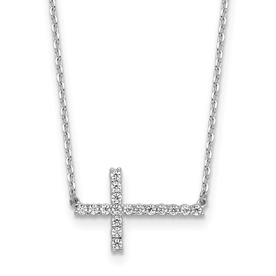 Sterling Shimmer Sterling Silver Rhodium-plated 1.3mm CZ 17 Stone Sideway Cross 16 inch with 2 inch Extension Necklace