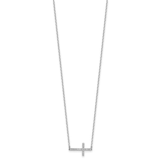 Sterling Shimmer Sterling Silver Rhodium-plated 1.1mm CZ 16 Stone Sideway Cross 16 inch with 2 inch Extension Necklace