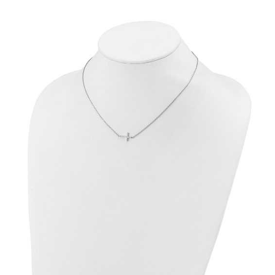 Sterling Shimmer Sterling Silver Rhodium-plated 1.1mm CZ 16 Stone Sideway Cross 16 inch with 2 inch Extension Necklace