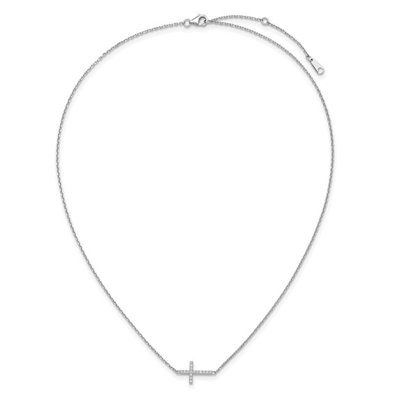 Sterling Shimmer Sterling Silver Rhodium-plated 1.1mm CZ 16 Stone Sideway Cross 16 inch with 2 inch Extension Necklace