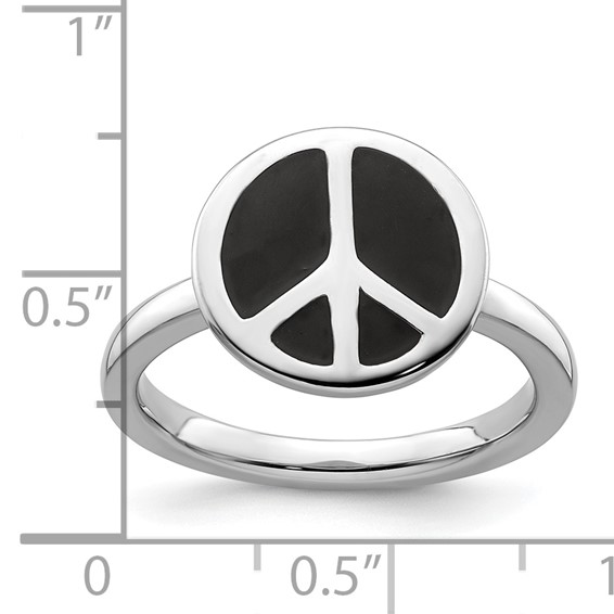Sterling Silver Stackable Expressions Pol. Black Enameled Peace Sign Ring
