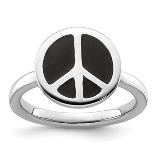 Sterling Silver Stackable Expressions Pol. Black Enameled Peace Sign Ring