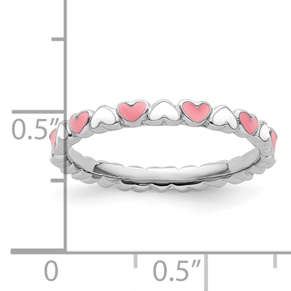 Sterling Silver Stackable Expressions Pink & White Enamel Heart Ring