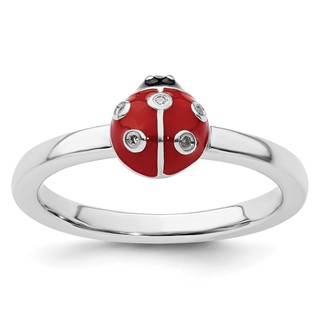 Sterling Silver Stackable Expressions Red /Blk Enamel Ladybug w/Diamond Rin