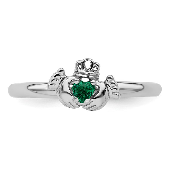 Sterling Silver Stackable Expressions Rhd. Cr. Emerald Claddagh Ring