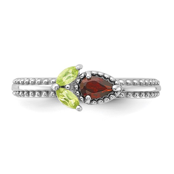 Sterling Silver Stackable Expressions Gemstone+Peridot Flower Rings