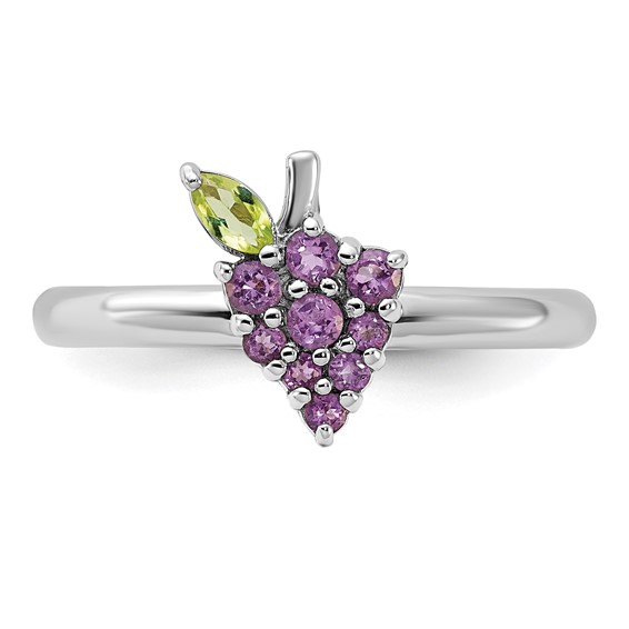 Sterling Silver Stackable Expressions Rhodium-plated Amethyst and Peridot Grapes Ring